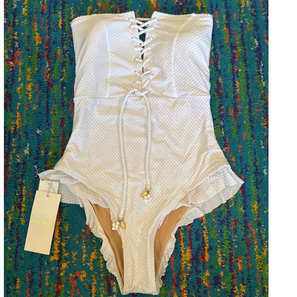 NWT Shani Shemer One Piece Swimsuit White Cloque Lace Up Ruffle Women Size M